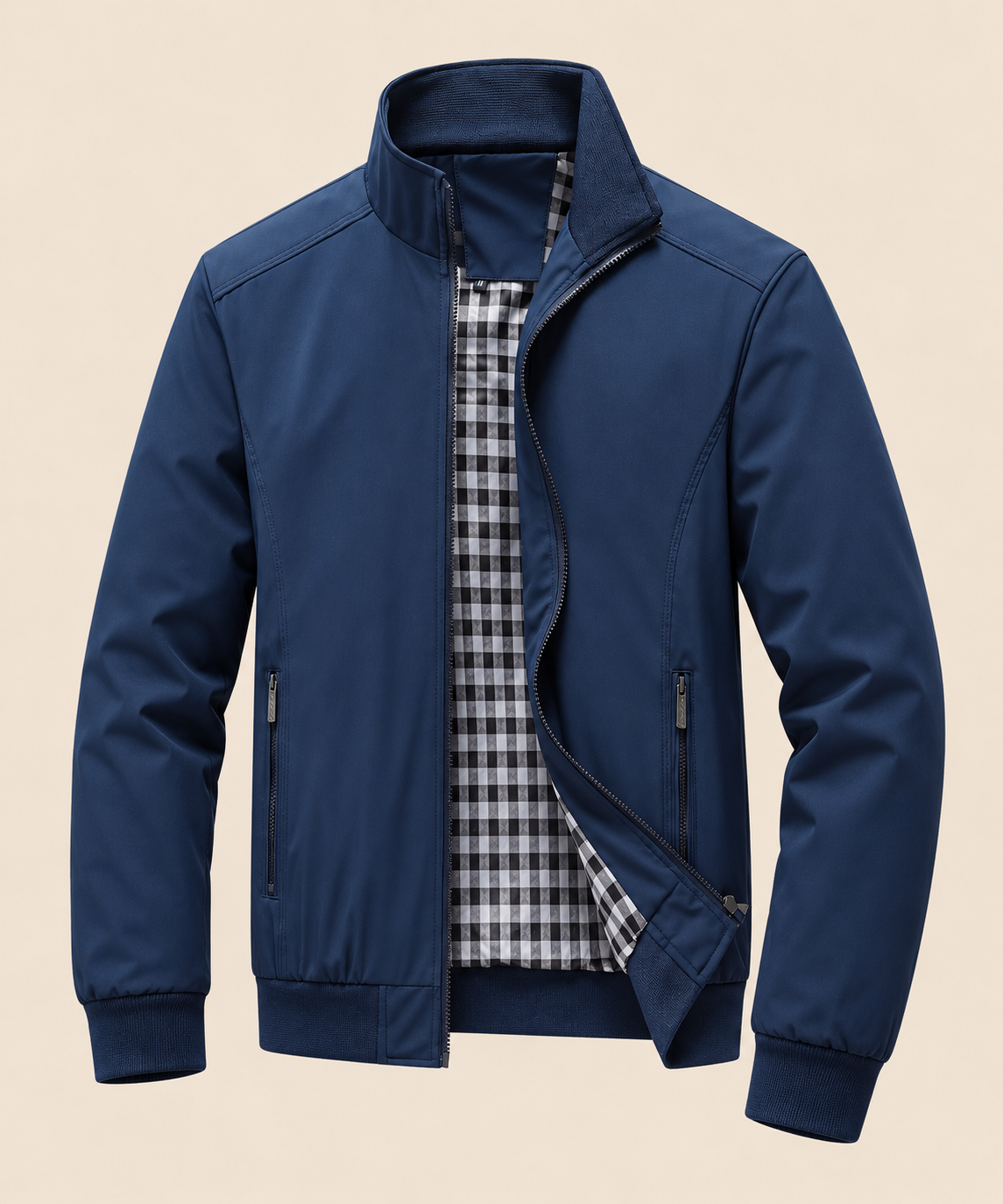 Fairview navy zip jacket with checked lining on a warm beige studio background.