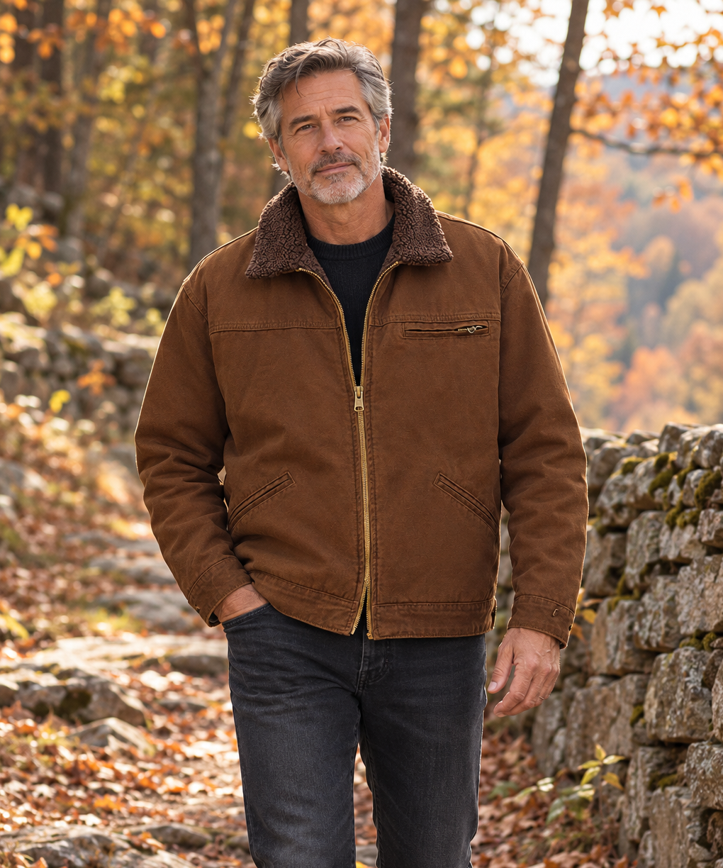 Hawthorne jacket worn by a man around 55 in an American outdoor lifestyle setting.