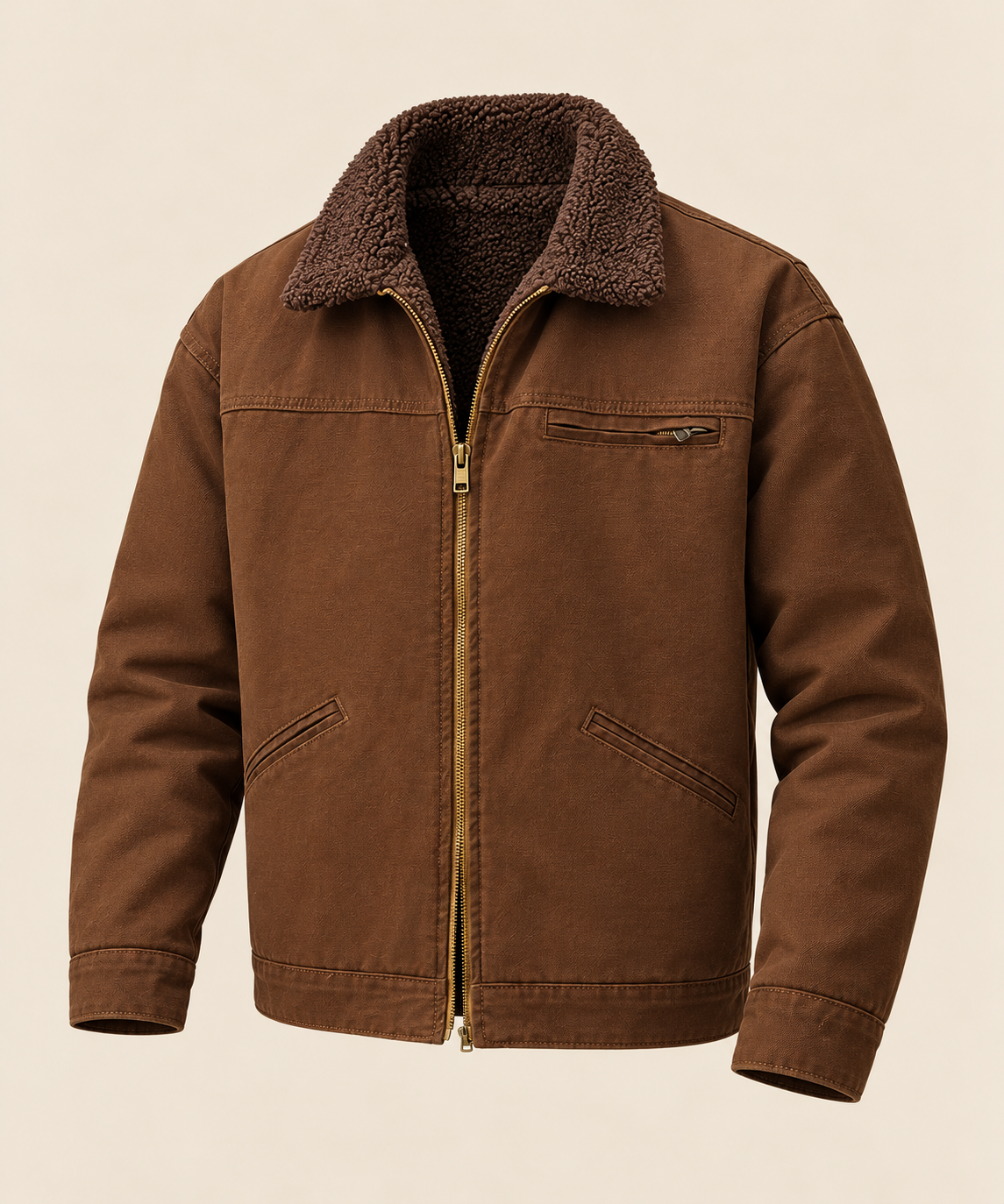 Hawthorne jacket in a freestanding product photograph on a warm beige studio background.