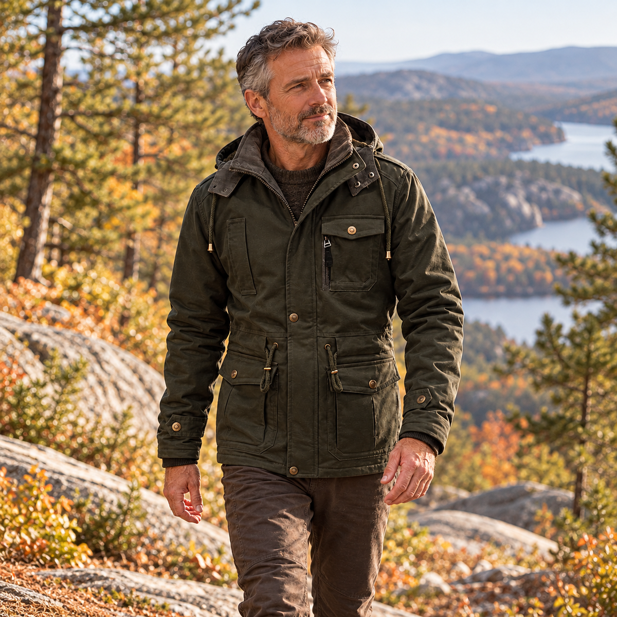 Highland jacket worn by a man around 55 in an American outdoor lifestyle setting.