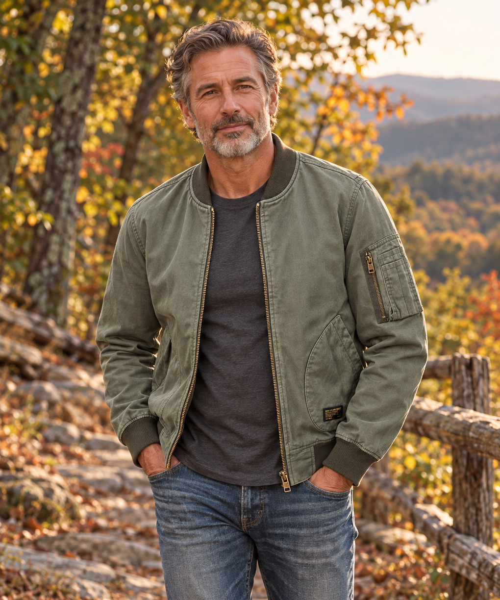 Maverick jacket worn by a man around 55 in an American outdoor lifestyle setting.