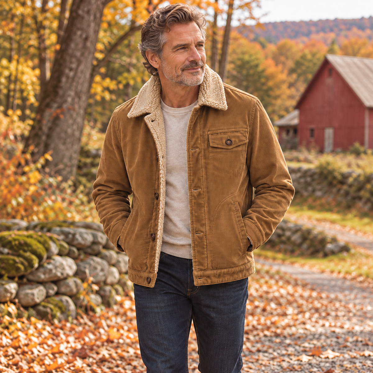 Redwood jacket worn by a man around 55 in an American outdoor lifestyle setting.