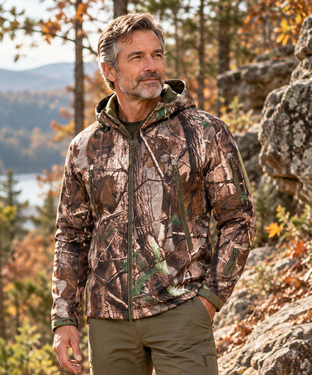 Sentinel jacket worn by a man around 55 in an American outdoor lifestyle setting.