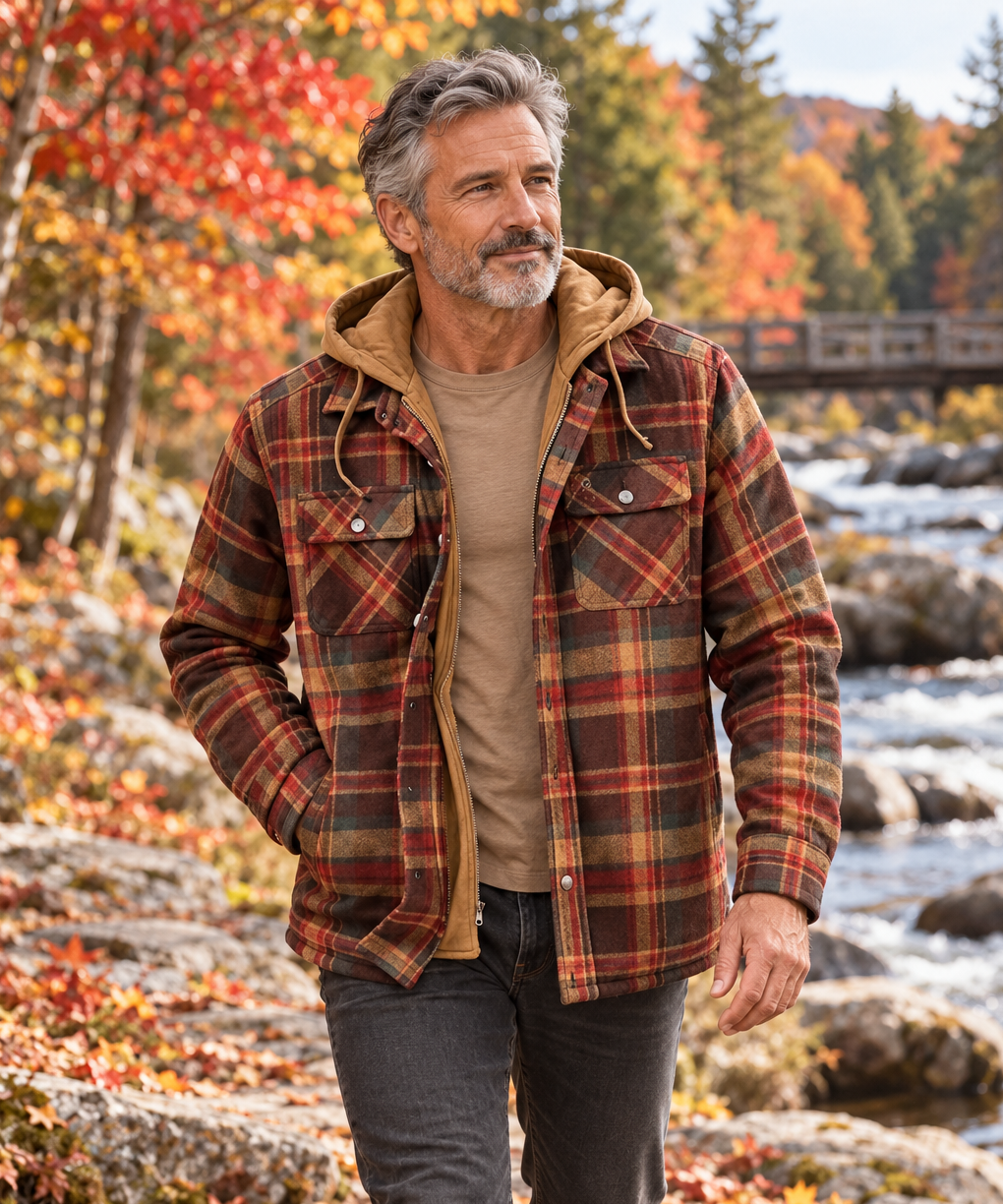 Woodland jacket worn by a man around 55 in an American outdoor lifestyle setting.